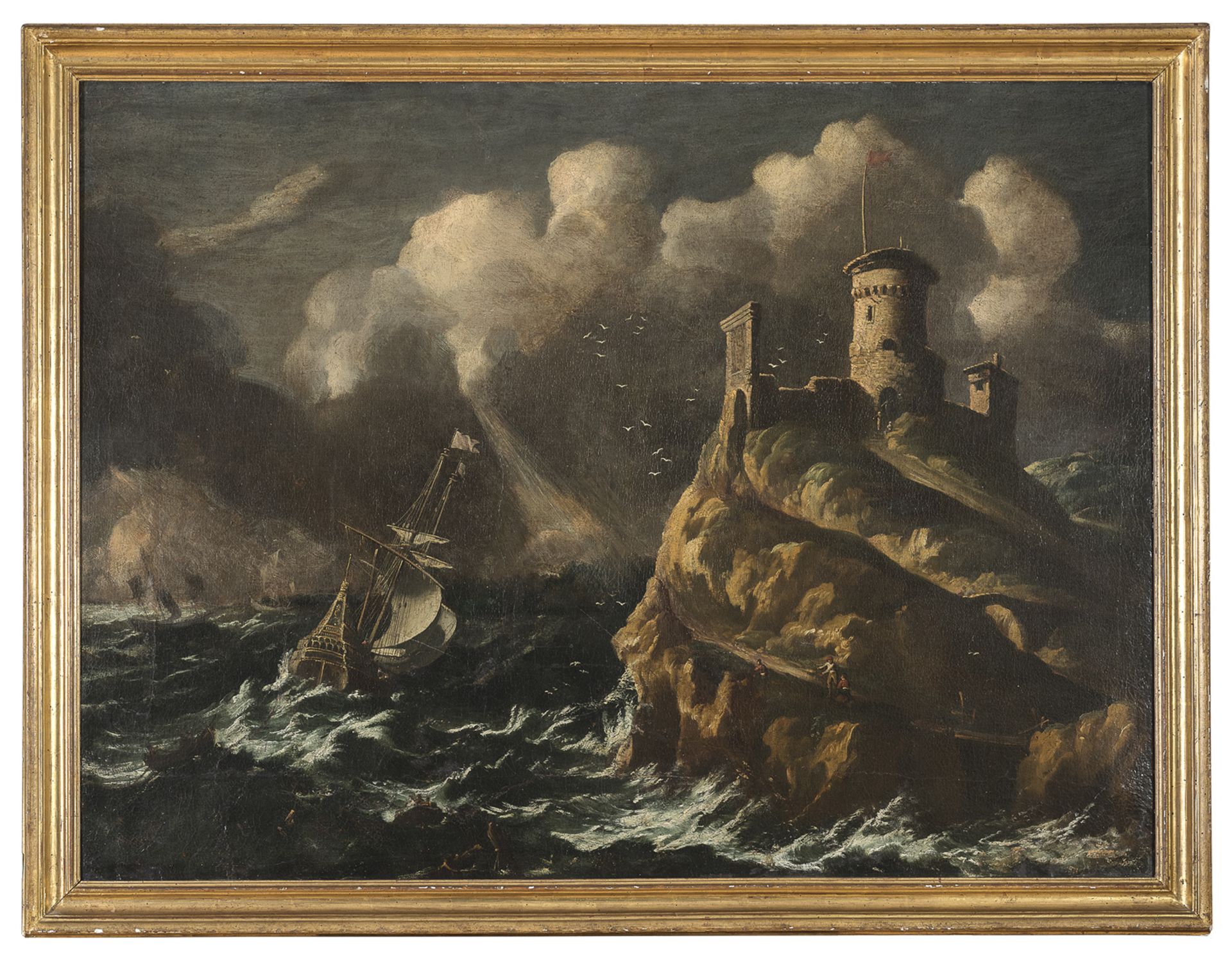 OIL PAINTING OF STORMY SEA SY DUTCH PAINTER LATE 17TH CENTURY