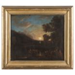 OIL PAINTING OF NIGHT LANDSCAPE BY DUTCH PAINTER ACTIVE IN ITALY MID-17TH CENTURY