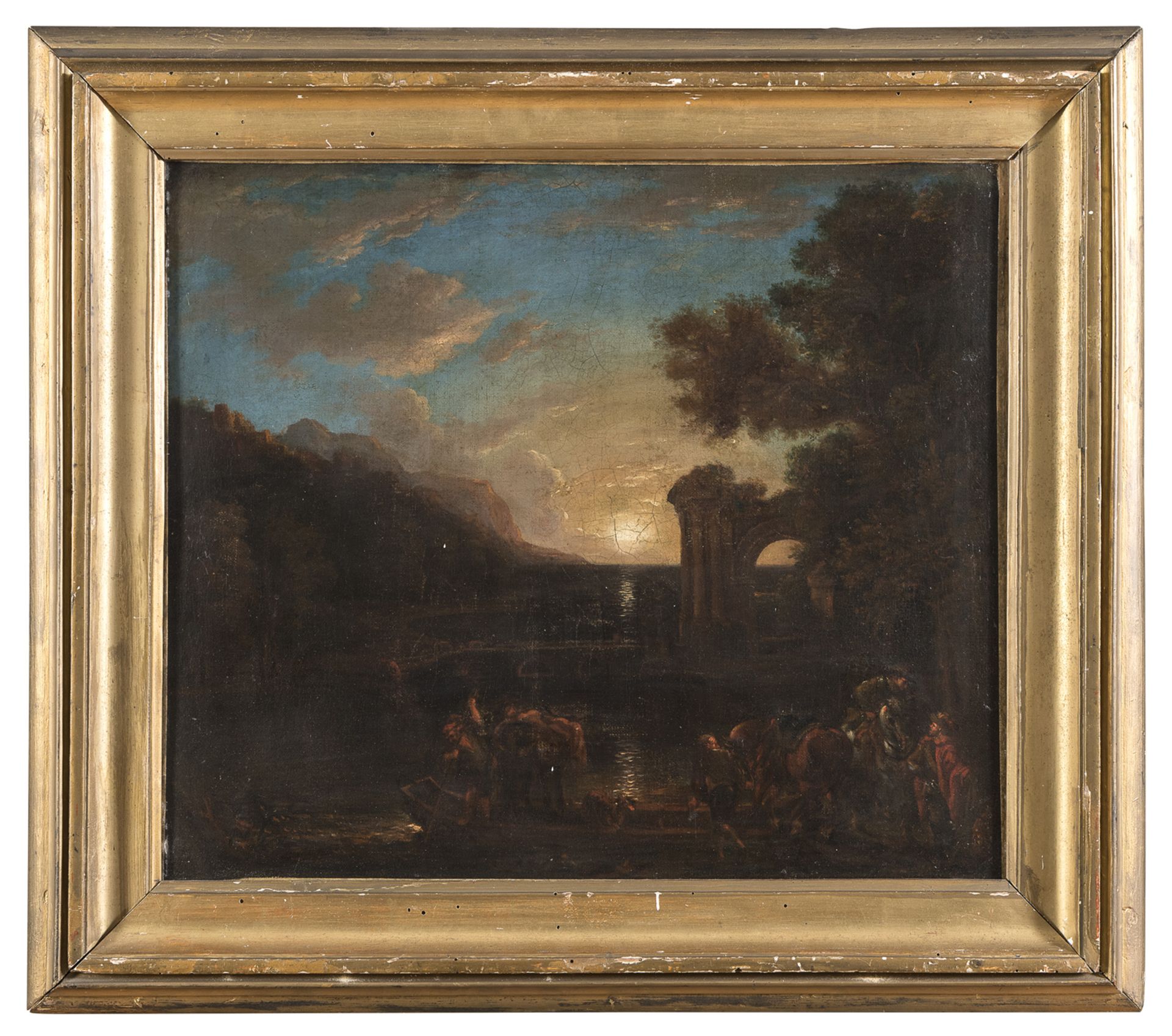 OIL PAINTING OF NIGHT LANDSCAPE BY DUTCH PAINTER ACTIVE IN ITALY MID-17TH CENTURY