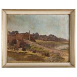 OIL PAINTING OF A LANDSCAPE WITH RUINS 20TH CENTURY
