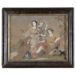 SMALL TAPESTRY WITH PAPER COLLAGE OF A BUCOLIC SCENE 19TH CENTURY