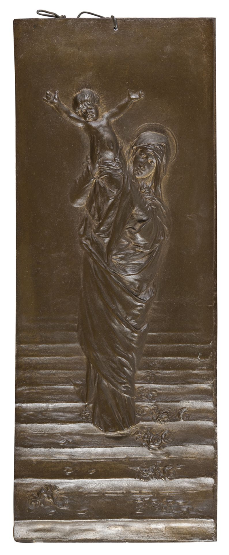 BRONZE BAS-RELIEF OF VIRGIN AND CHILD 20TH CENTURY