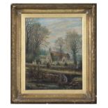 OIL PAINTING OF A LANDSCAPE WITH CHURCH ENGLISH SCHOOL 19TH CENTURY