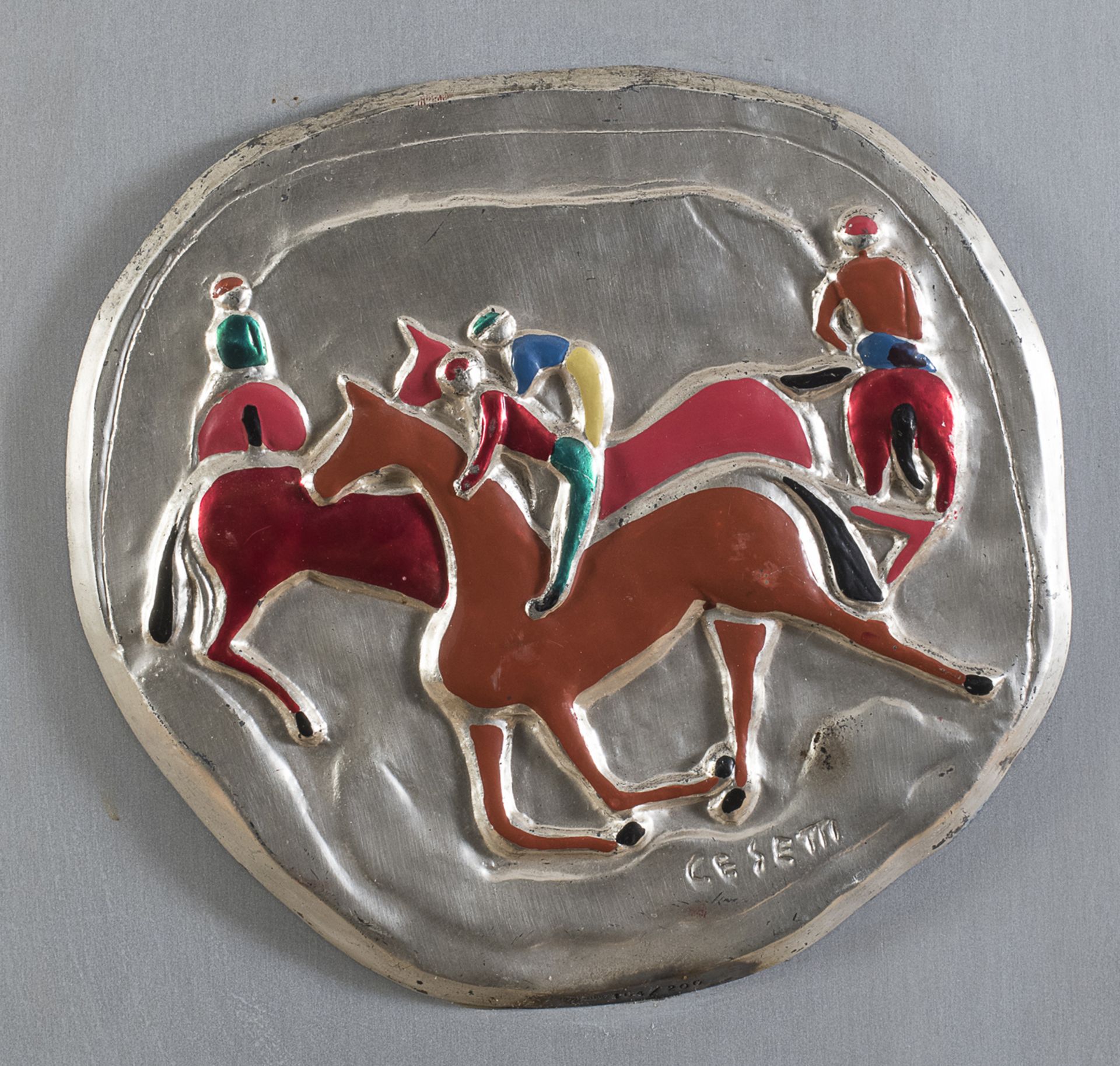 BAS-RELLIEF IN SILVER AND ENAMEL OF HORSMEN BY GIUSEPPE CESETTI