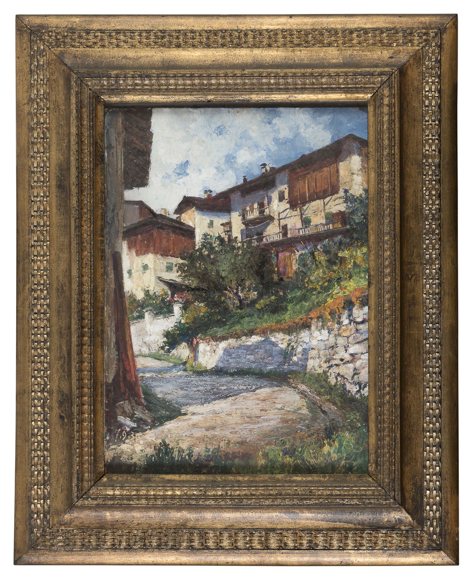 OIL PAINTING OF HOUSES IN VAL DI NON SIGNED 'ROBERTO MARMO' 20TH CENTURY