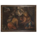 OIL PAINTING ADORATION OF THE SHEPHERDS BY VENETO PAINTER 17TH CENTURY