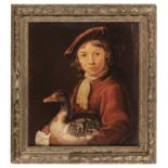 OIL PAINTING OF YOUNG MAN WITH GOOSE 20TH CENTURY