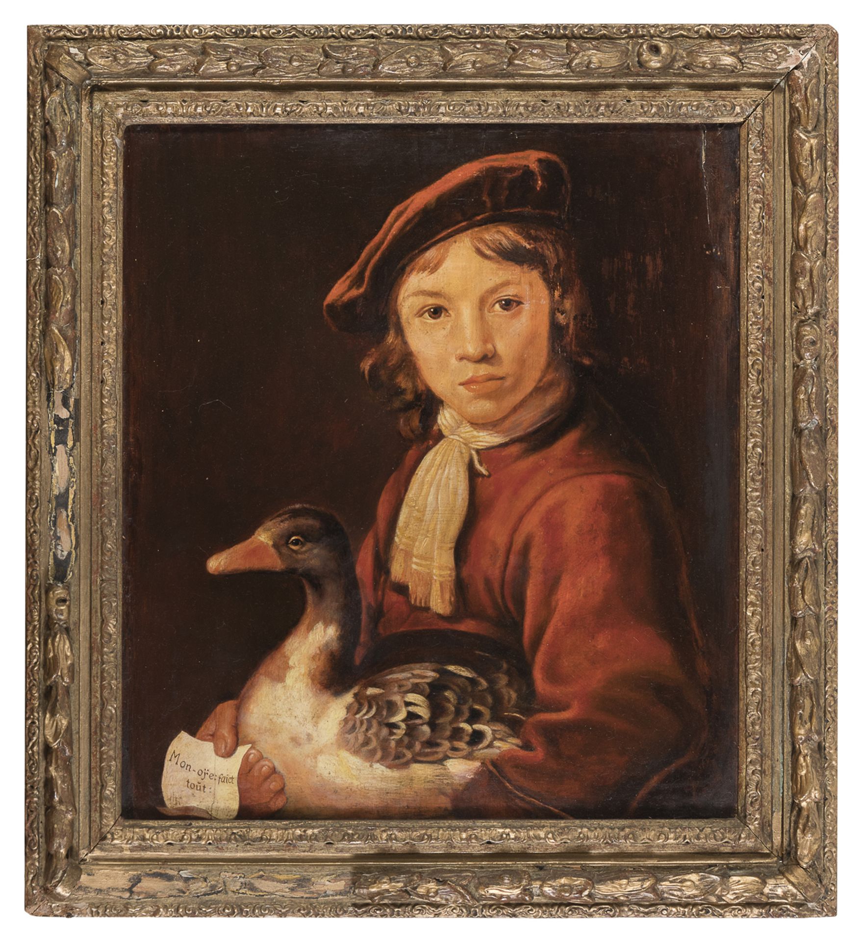 OIL PAINTING OF YOUNG MAN WITH GOOSE 20TH CENTURY