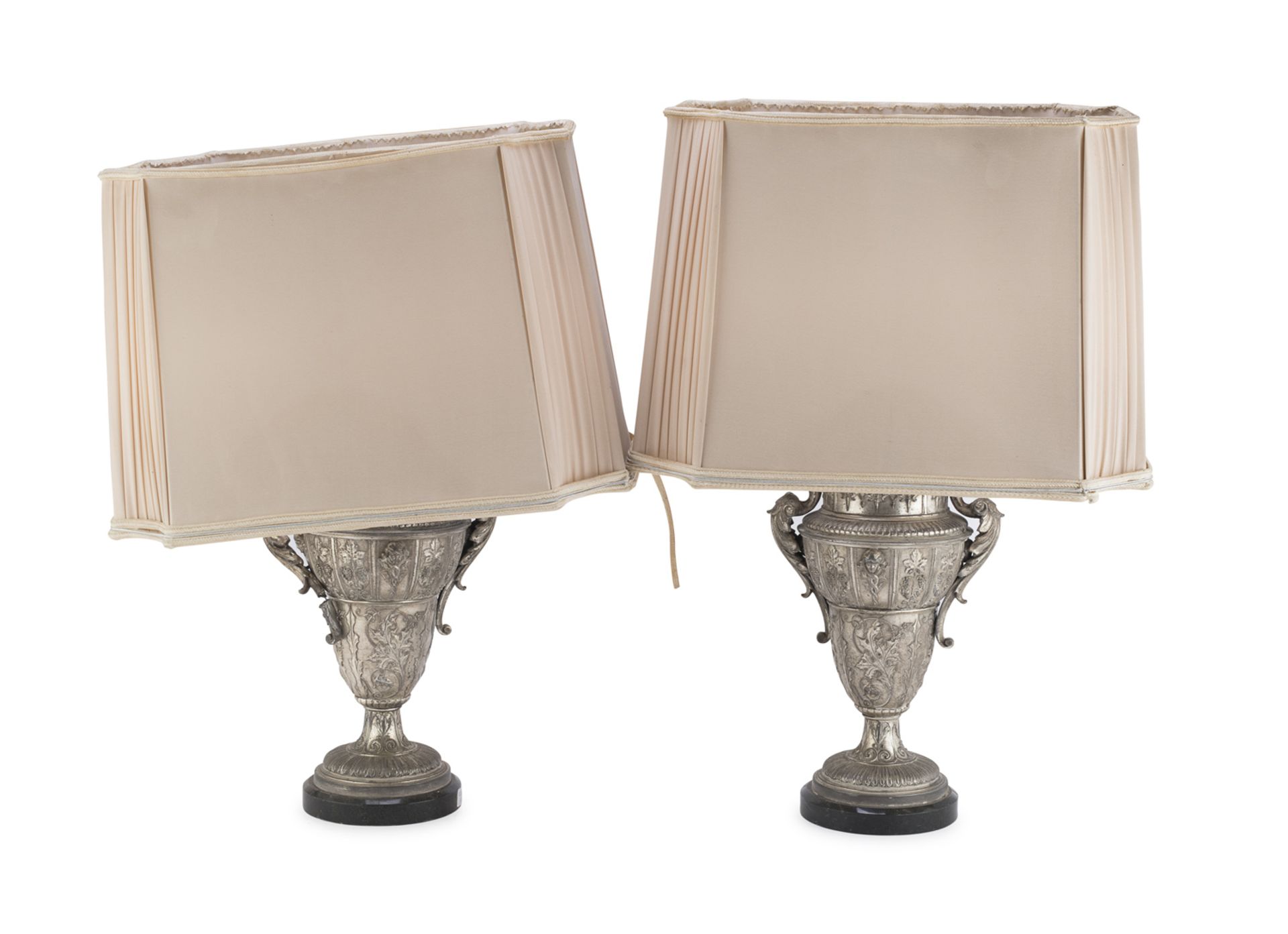 PAIR OF SILVERED METAL LAMPS