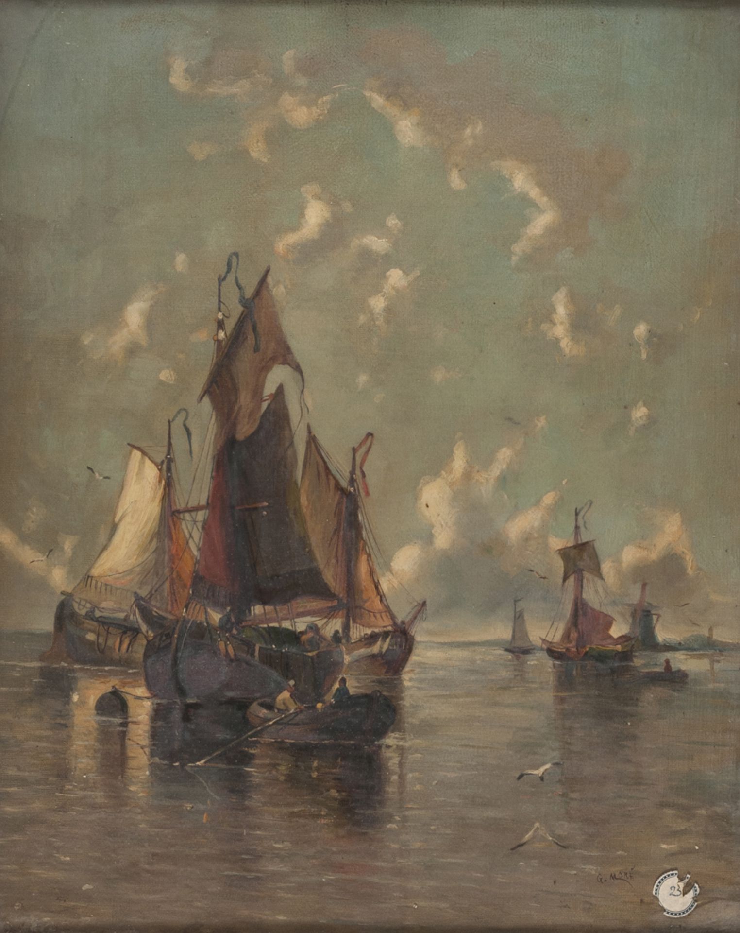 OIL PAINTING OF SAILSHIPS IN THE LAGOON Signed 'G. MORI' 19TH CENTURY