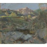 OIL PAINTING OF A VILLAGE IN THE HILLS 20TH CENTURY