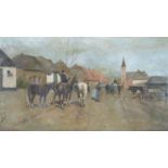 OIL PAINTING OF A VILLAGE WITH HORSES BY ANGELO SILVIO GALLI