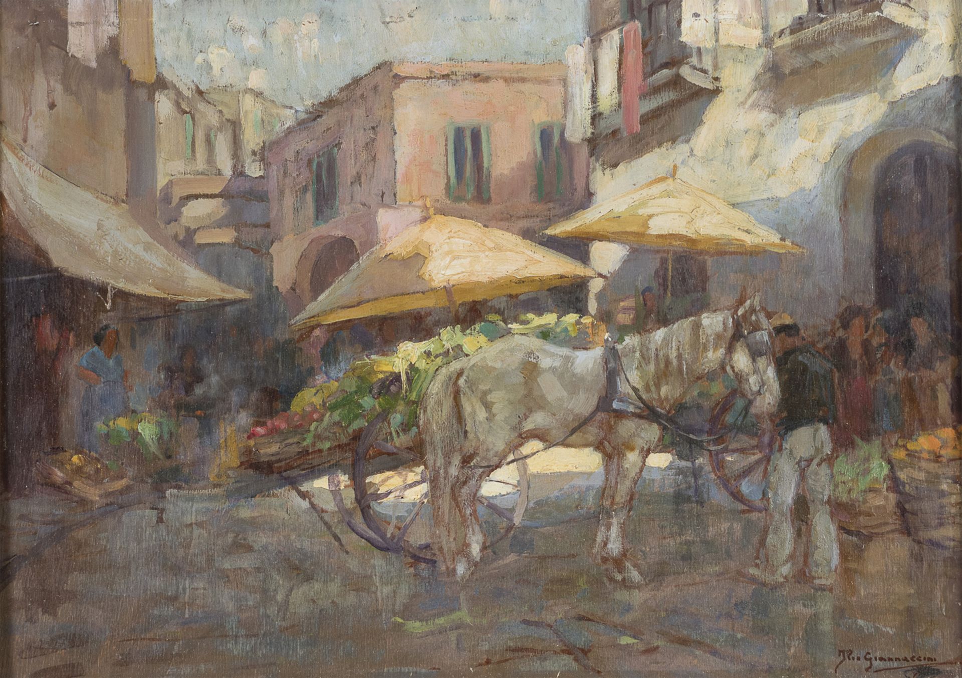 OIL PAINTING OF A MARKETPLACE BY ILIO GIANNACCINI