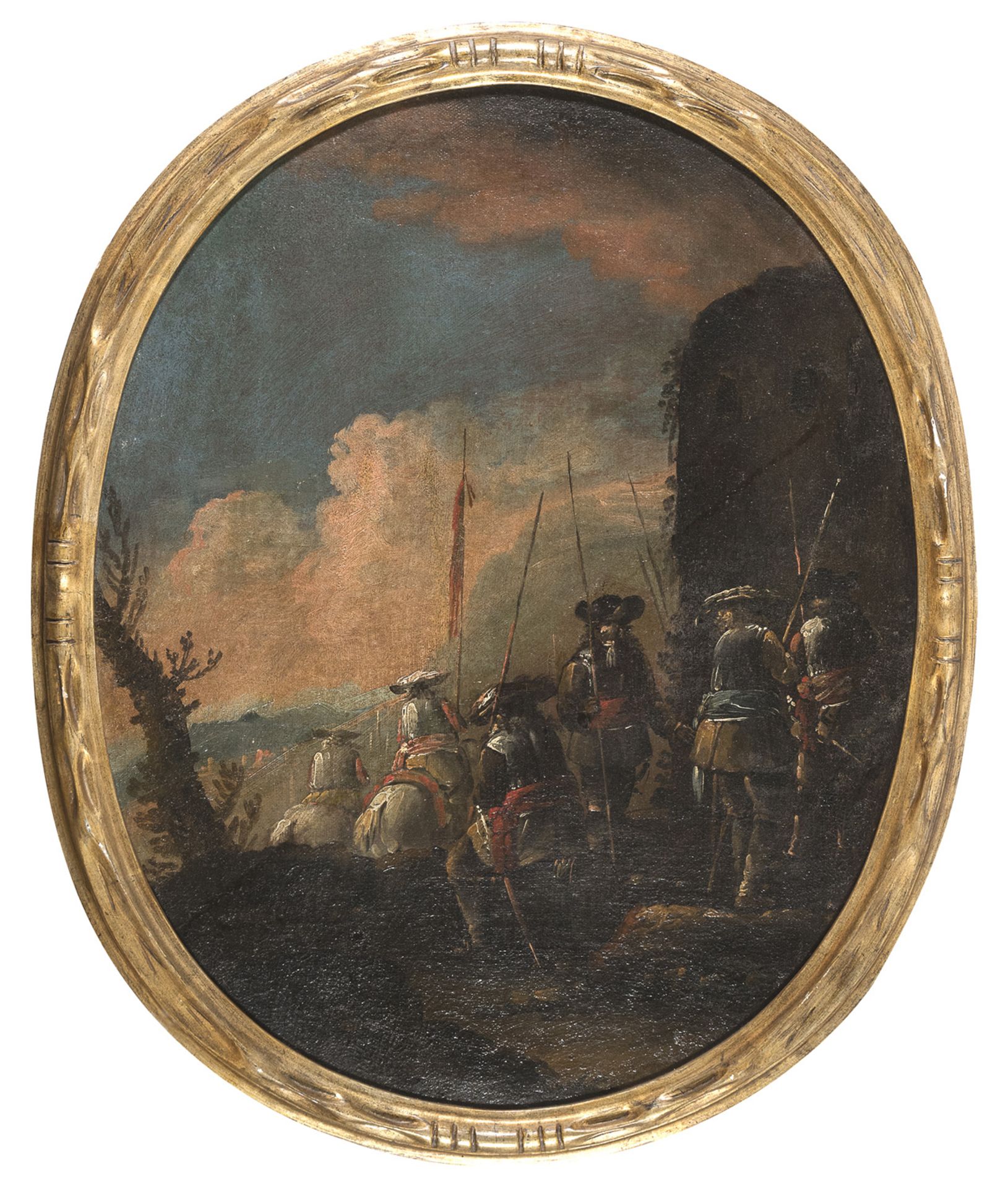 OIL PAINTING OF LANDSCAPE WITH KNIGHTS BY ANTONIO MARIA MARINI'S WORKSHOP