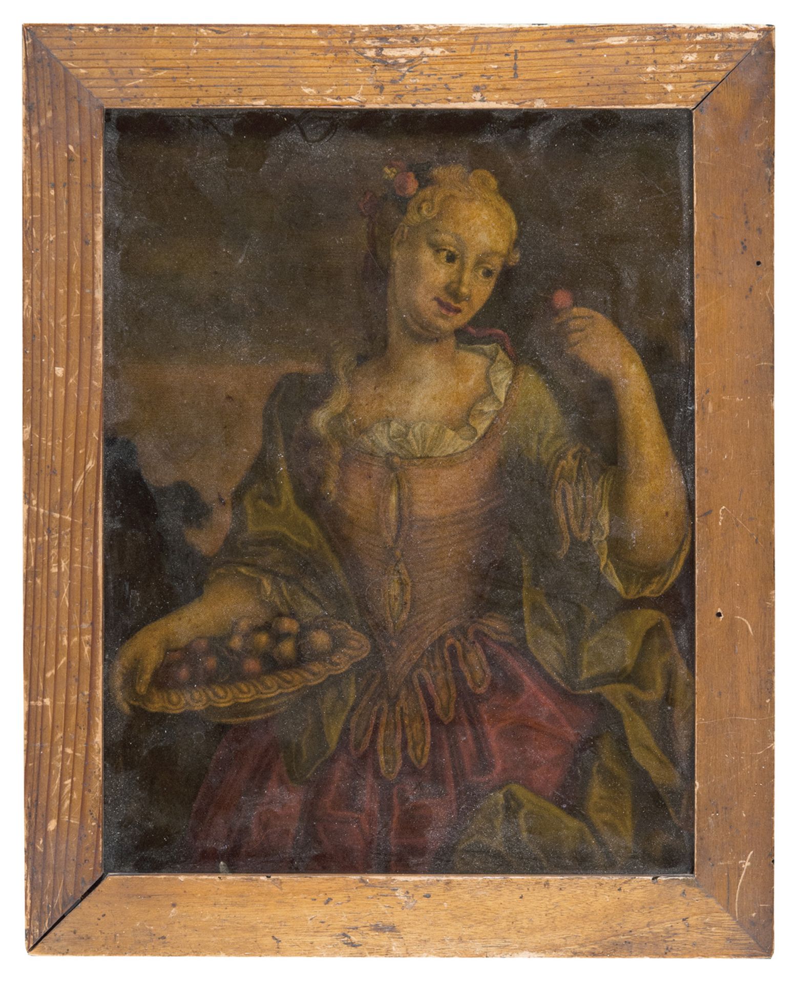 OIL PAINTING ON ENGRAVING APPLIED TO GLASS LATE 18TH CENTURY