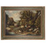 OIL PAINTING OF CLASSIC LANDSCAPE WITH BIRDS 20TH CENTURY