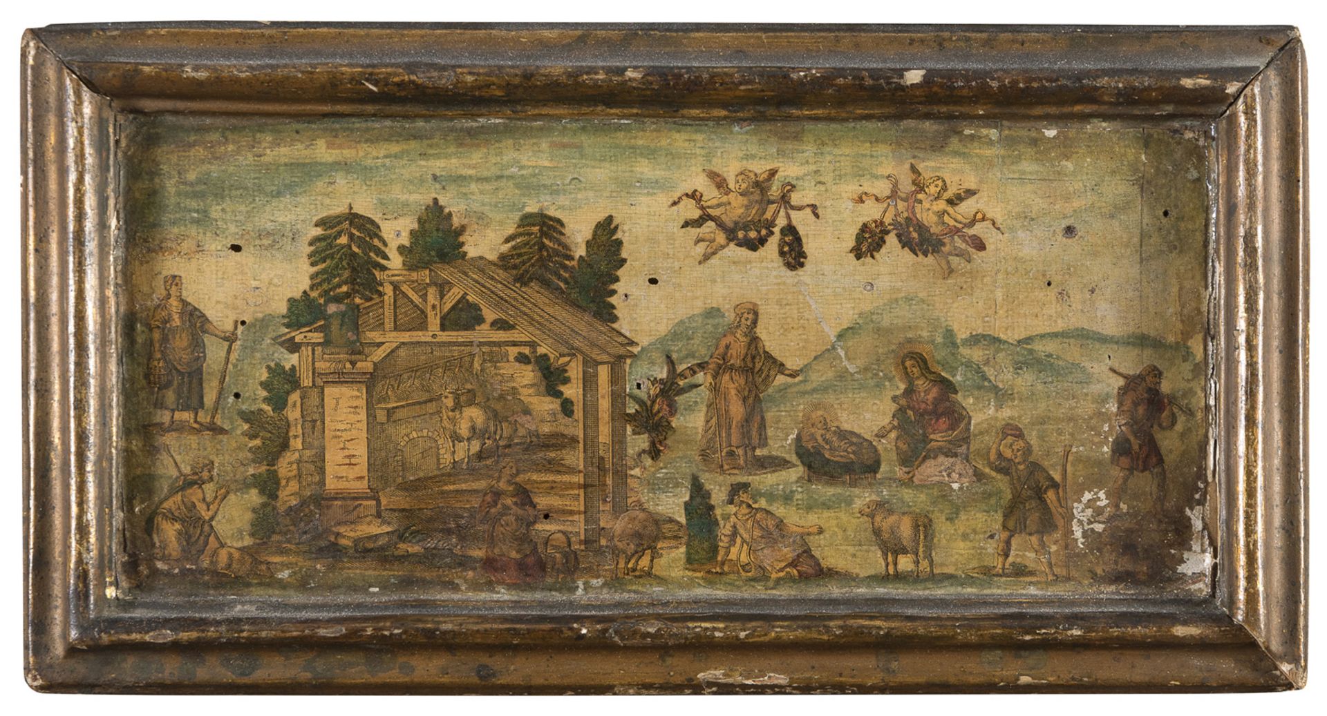 COLLAGE OF PAINTED ENGRAVINGS DEPICTING NATIVITY 18TH CENTURY