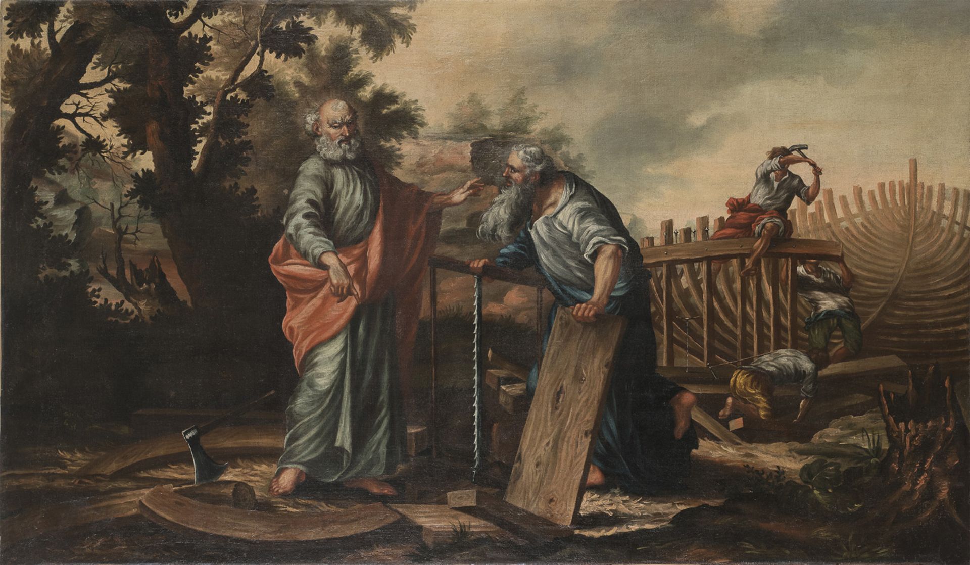 OIL PAINTING OF THE CONSTRUCTION OF NOAH'S ARK 18TH CENTURY