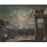 DUTCH OIL PAINTING OF FANTASY PORT VIEW 18TH CENTURY