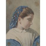 WATERCOLOR OF A BLUE-DRESSED GIRL LATE 19TH CENTURY