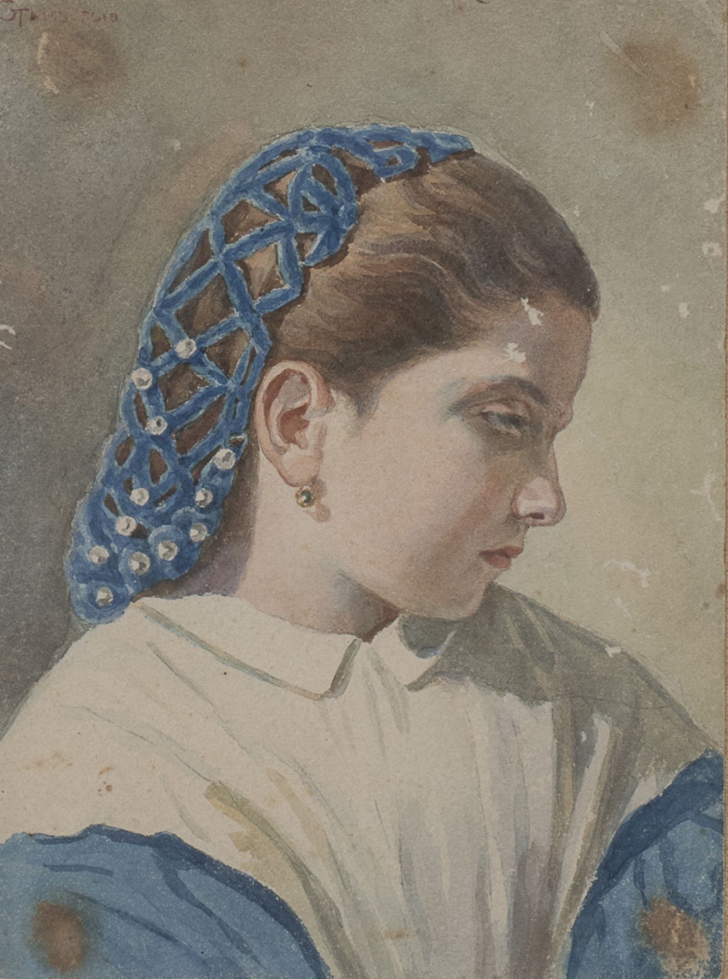 WATERCOLOR OF A BLUE-DRESSED GIRL LATE 19TH CENTURY