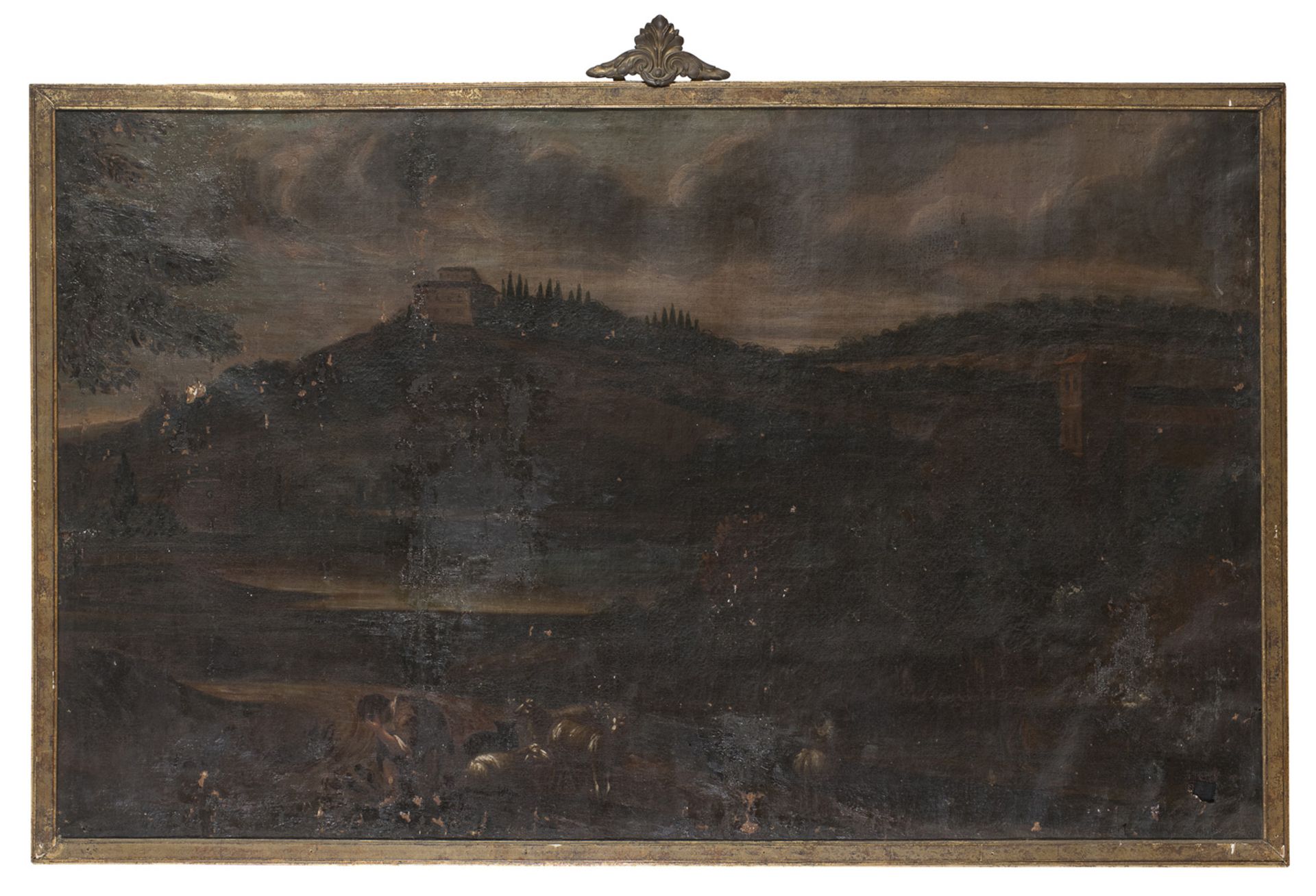 NEAPOLITAN OIL LANDSCAPE WITH SHEPHERD AND HERD OF 17TH CENTURY