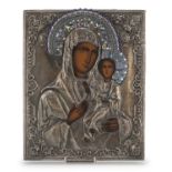 RUSSIAN ICON WITH ENAMELED SILVER RIZA 20TH CENTURY