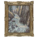 OIL PAINTING OF A LANDSCAPE WITH WATERFALL EARLY 20TH CENTURY