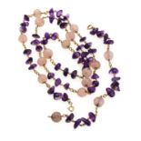 SET OF GOLD BRACELET AND NECKLACE WITH QUARTZ AND AMETHYST BEADS