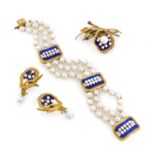 SET OF GOLD EARRINGS BRACELET AND BROOCH WITH PEARLS SAPPHIRES DIAMONDS AND ENAMELS