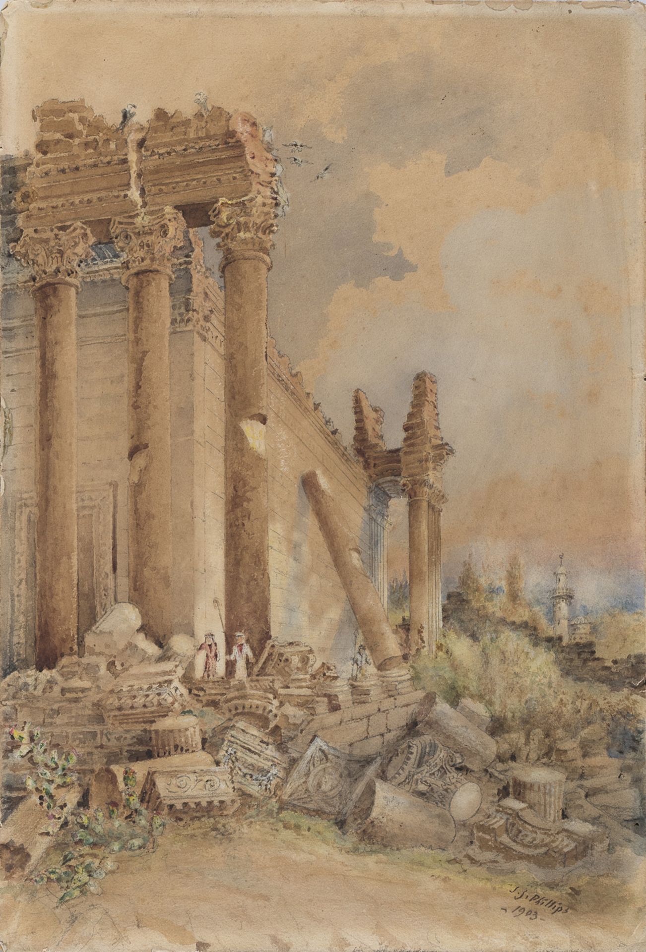 WATERCOLOR OF BAALBEK RUINS SIGNED 'JJ PHILLIPS' EARLY 20TH CENTURY