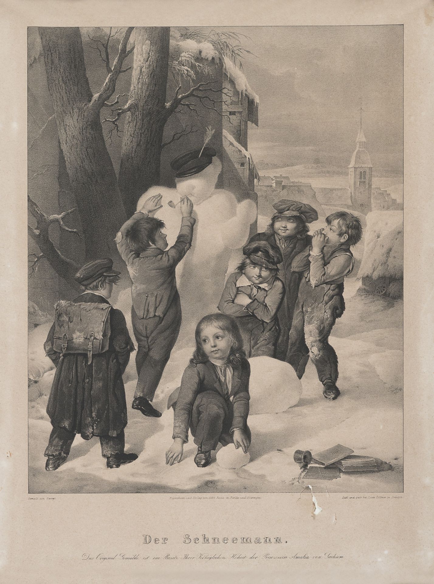 GERMAN ENGRAVING OF CHILDREN PLAYING IN THE SNOW EARLY 20TH CENTURY