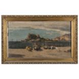 OIL PAINTING OF A SEASCAPE WITH BOATS ON SHORE 19TH CENTURY