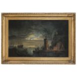 NEAPOLITAN OIL PAINTING OF A NIGHT VIEW WITH PORT 19TH CENTURY