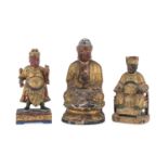 THREE CHINESE LAQUERED AND GILT WOOD SCULPTURES OF BUDDHA, LOKAPALA AND GUANDI. 20TH CENTURY