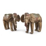 A PAIR OF INDIAN POLYCHROME LAQUER WOOD SCULPTURES OF ELEPHANTA. EARLY 20TH CENTURY. BROKEN LEGS AND