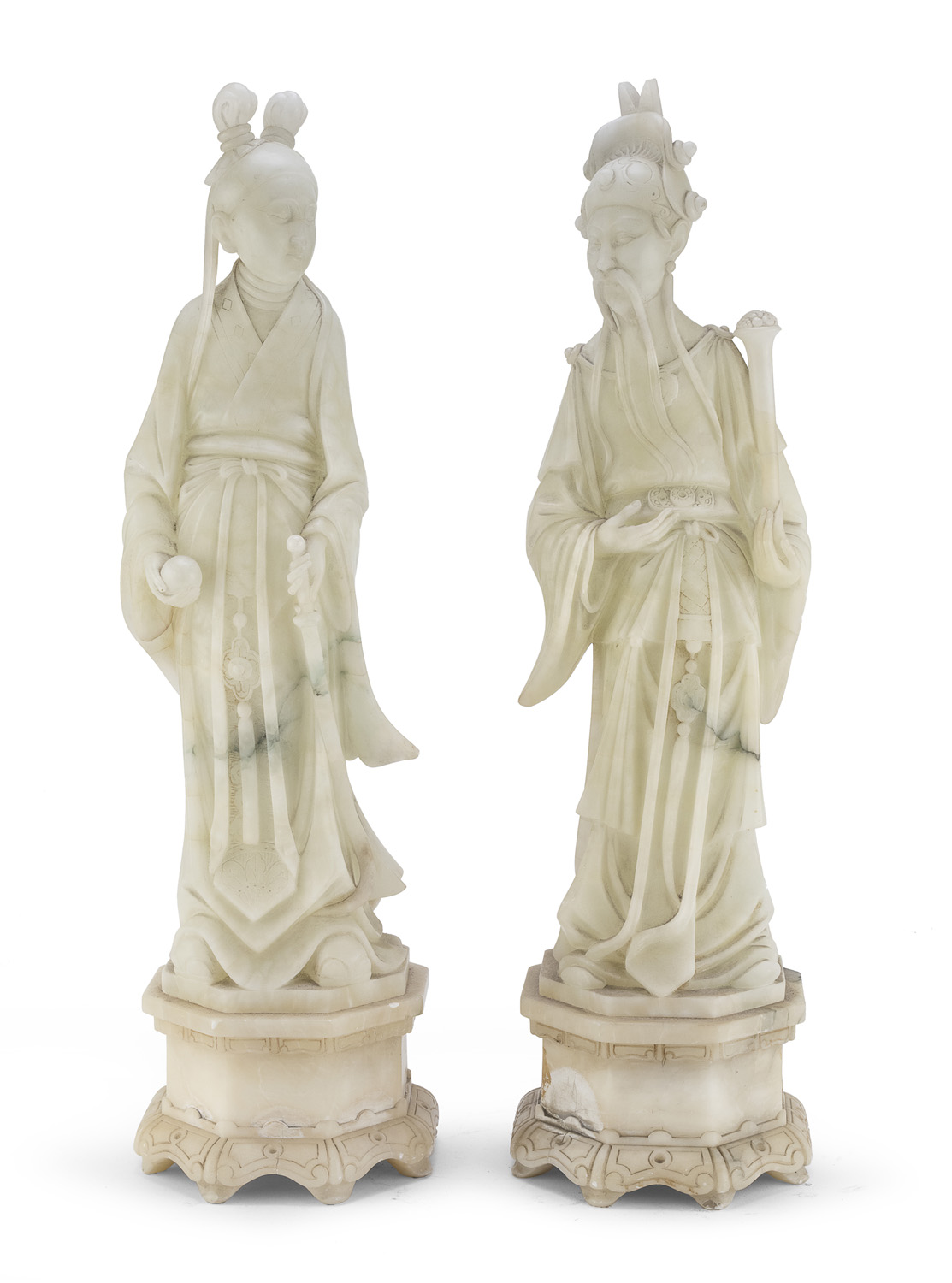 A PAIR OF CHINESE ALABASTER SCULPTURES OF GUANDI AND HUA MULAN. 20TH CENTURY