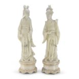 A PAIR OF CHINESE ALABASTER SCULPTURES OF GUANDI AND HUA MULAN. 20TH CENTURY