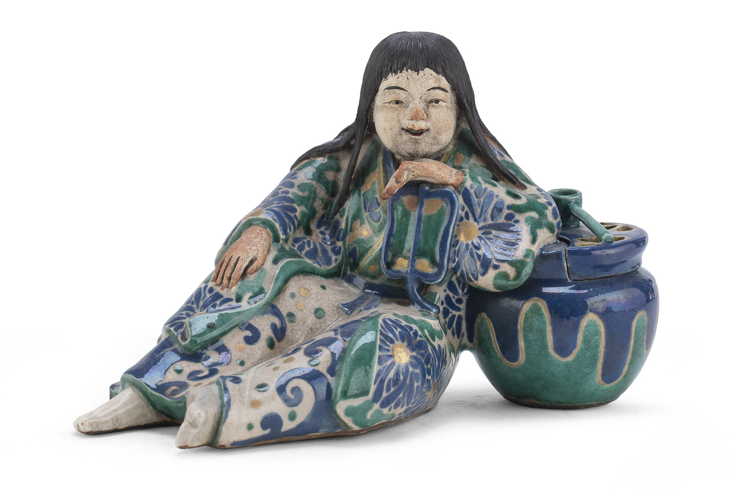 A JAPANESE POLYCHROME CERAMIC OKIMONO DEPICTING KIKUJIDO. KYOTO MANUFACTURE 19TH CENTURY.