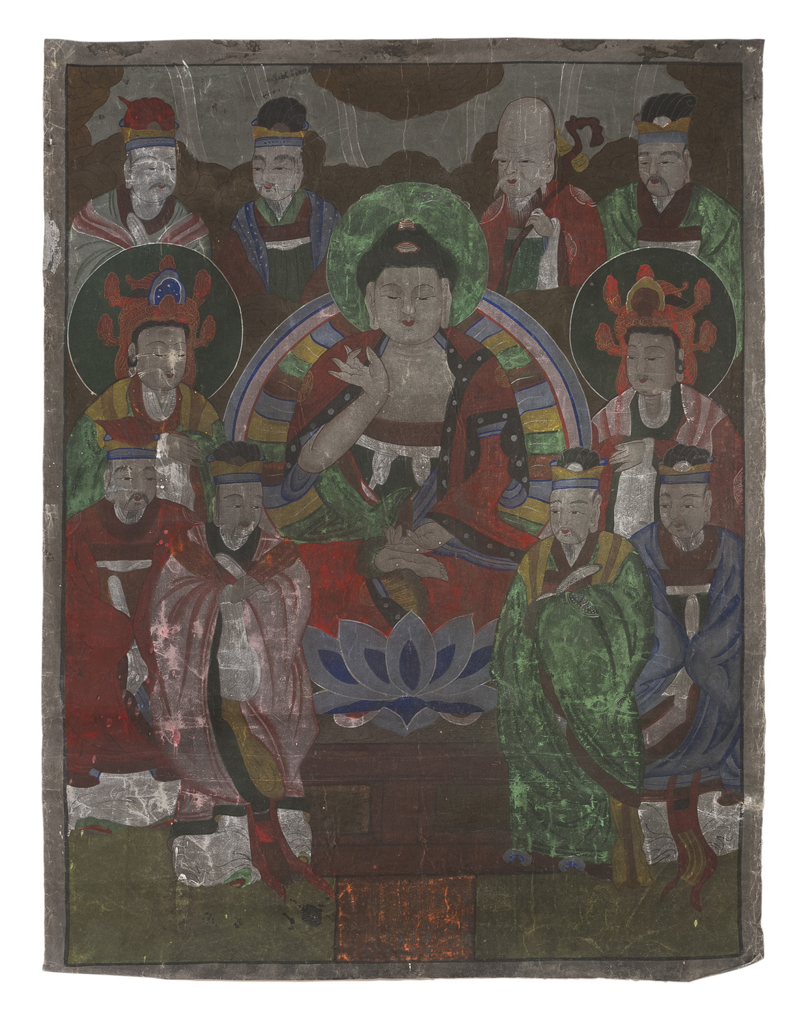 CHINESE SCHOOL 20TH CENTURY. BUDDHA AND BODHISATTVA. MIXED MEDIA ON SILK. DEFECTS.