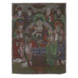 CHINESE SCHOOL 20TH CENTURY. BUDDHA AND BODHISATTVA. MIXED MEDIA ON SILK. DEFECTS.