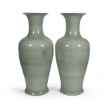 A PAIR OF TALL CHINESE CELADON GLAZED VASES. 20TH CENTURY.