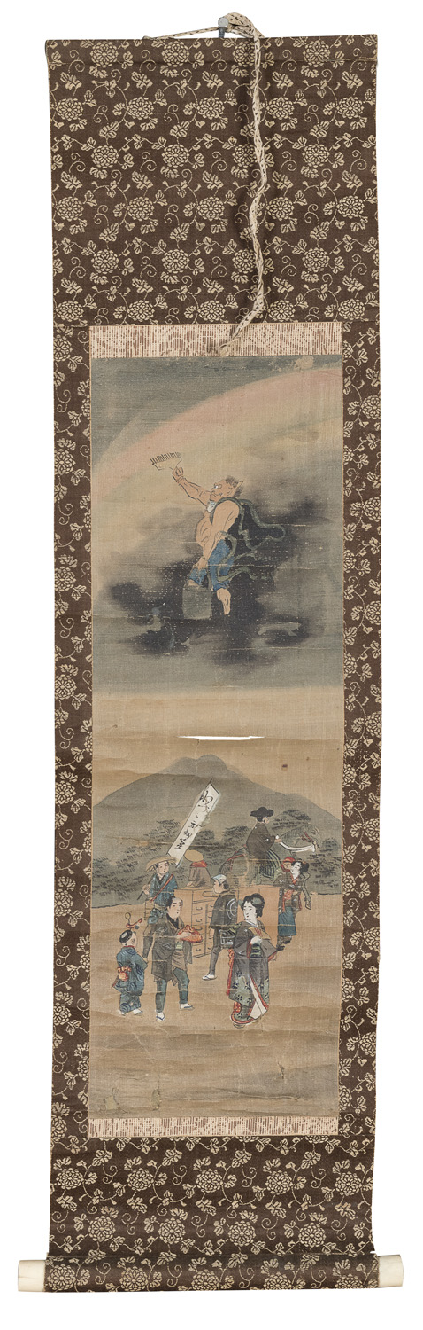 JAPANESE PAINTER 19TH CENTURY. ALLEGORIES OF WIND, THUNDER AND RAINBOW. THREE MIXED MEDIA ON PAPER