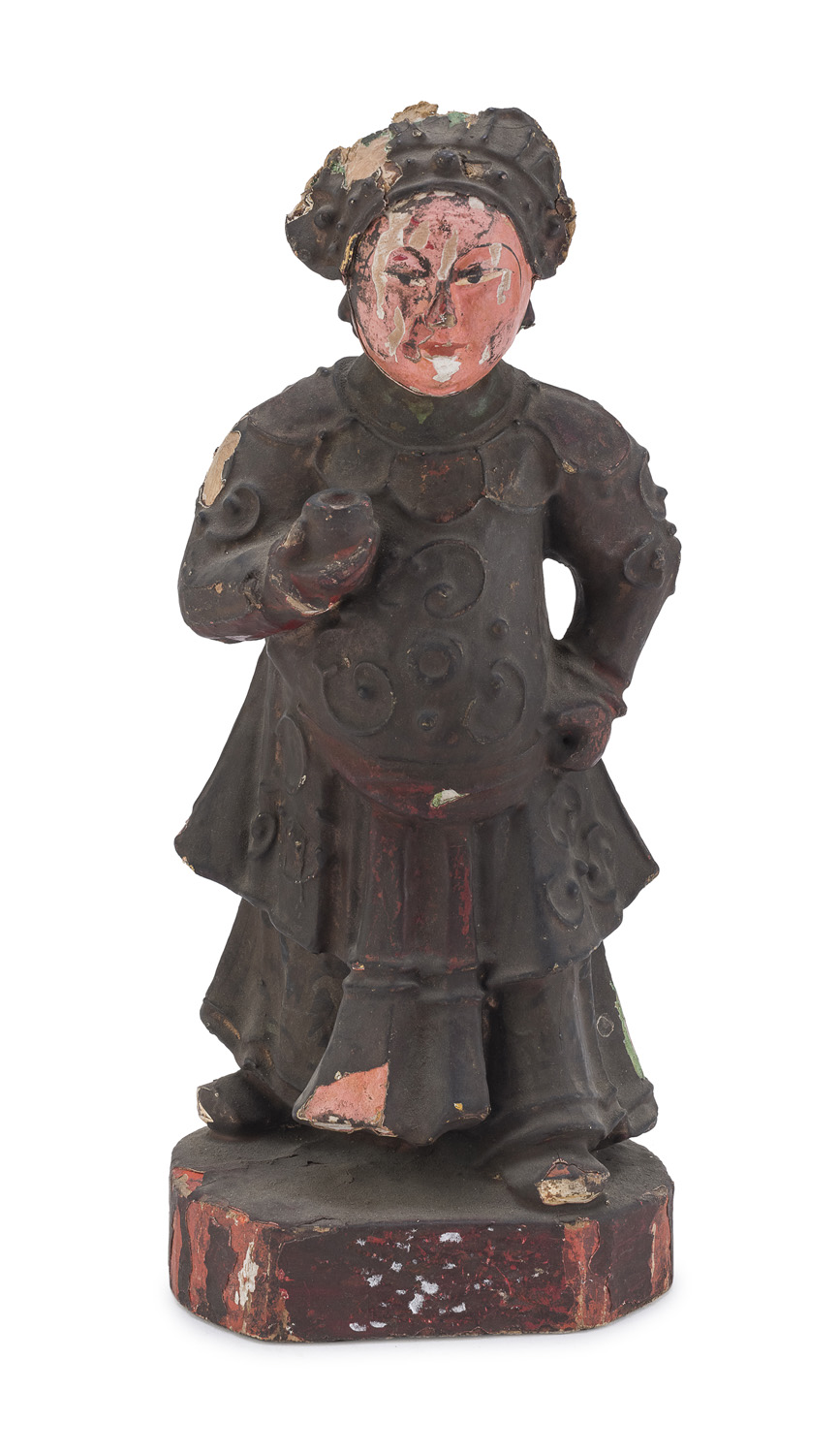 A CHINESE LAQUERED AND PAINTED WOOD SCULPTURE OF HUA MULAN. FIRST HALF 20TH CENTURY.
