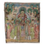 CHINESE SCHOOL 20TH CENTURY. BUDDHA AND BODHISATTVA. MIXED MEDIA ON SILK. DEFECTS AND STAINS.