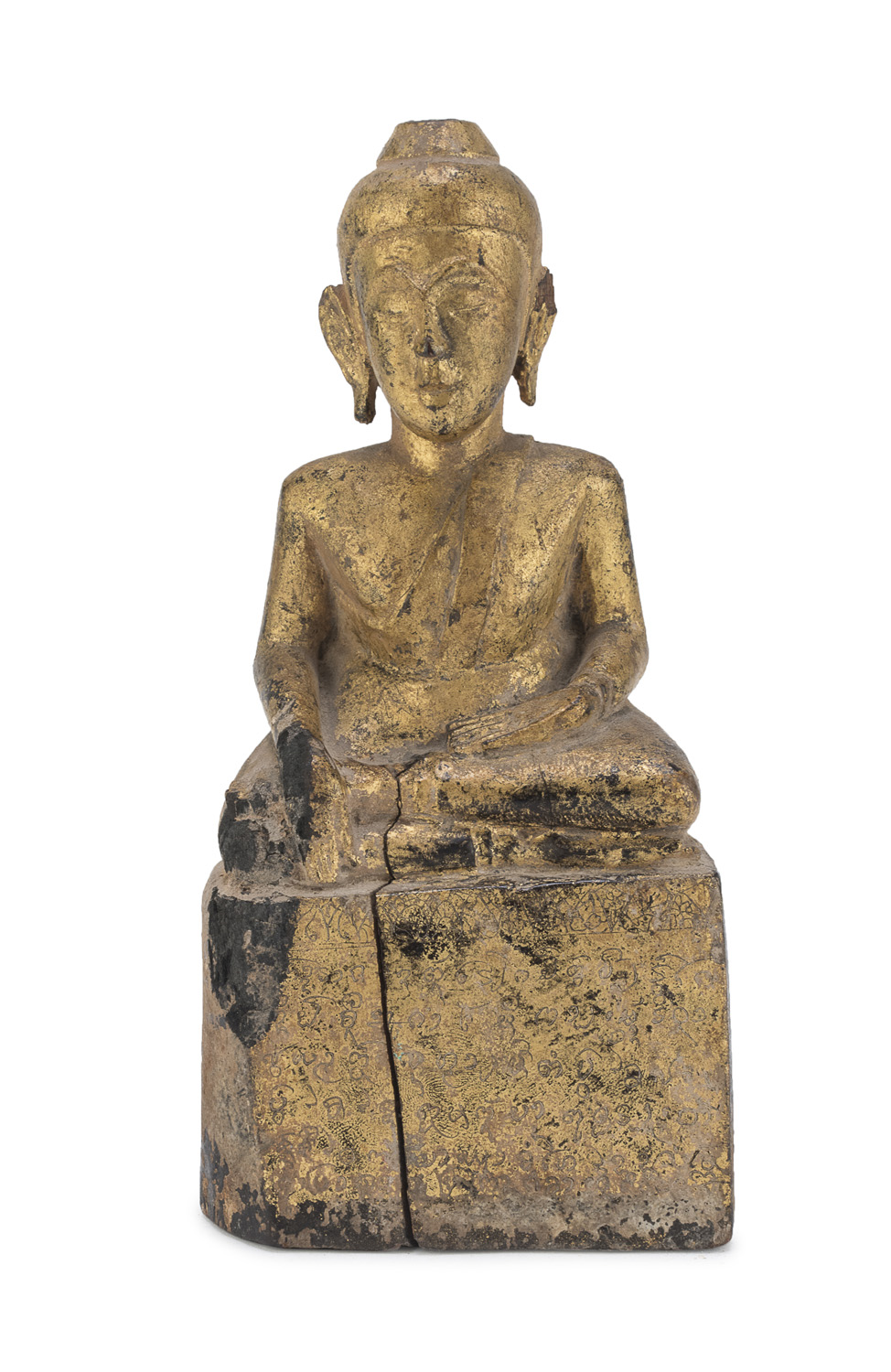 A LAOTIAN BLACK AND GOLD LAQUER WOOD SCULPTURE OF BUDDHA.