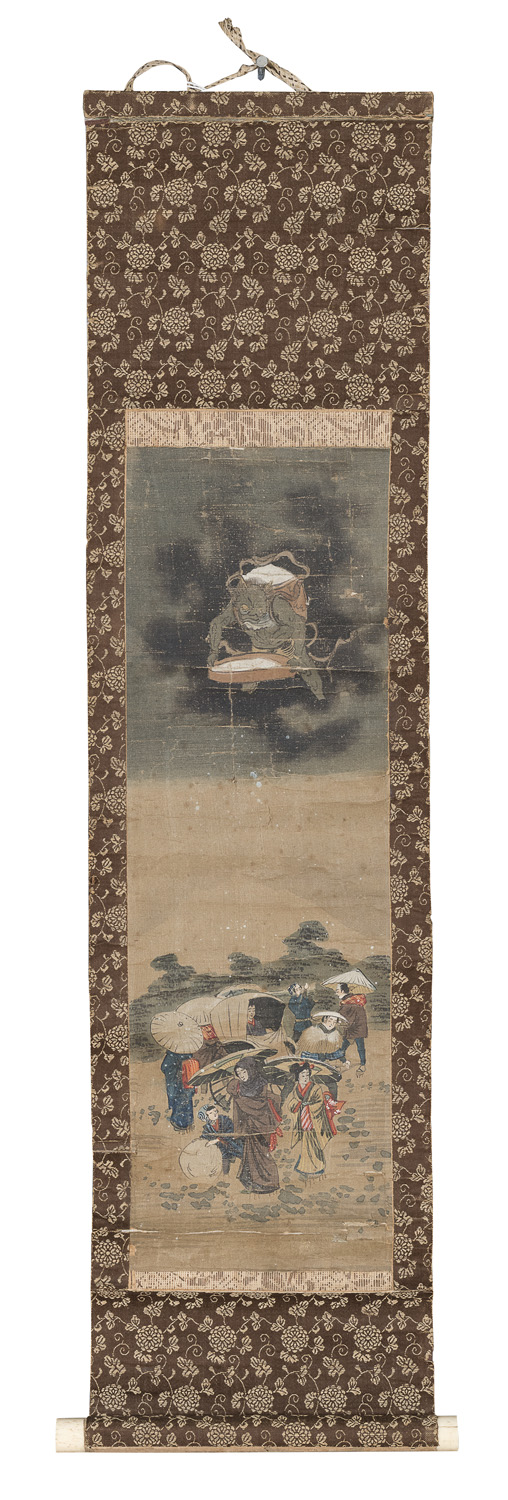 JAPANESE PAINTER 19TH CENTURY. ALLEGORIES OF WIND, THUNDER AND RAINBOW. THREE MIXED MEDIA ON PAPER - Image 2 of 3