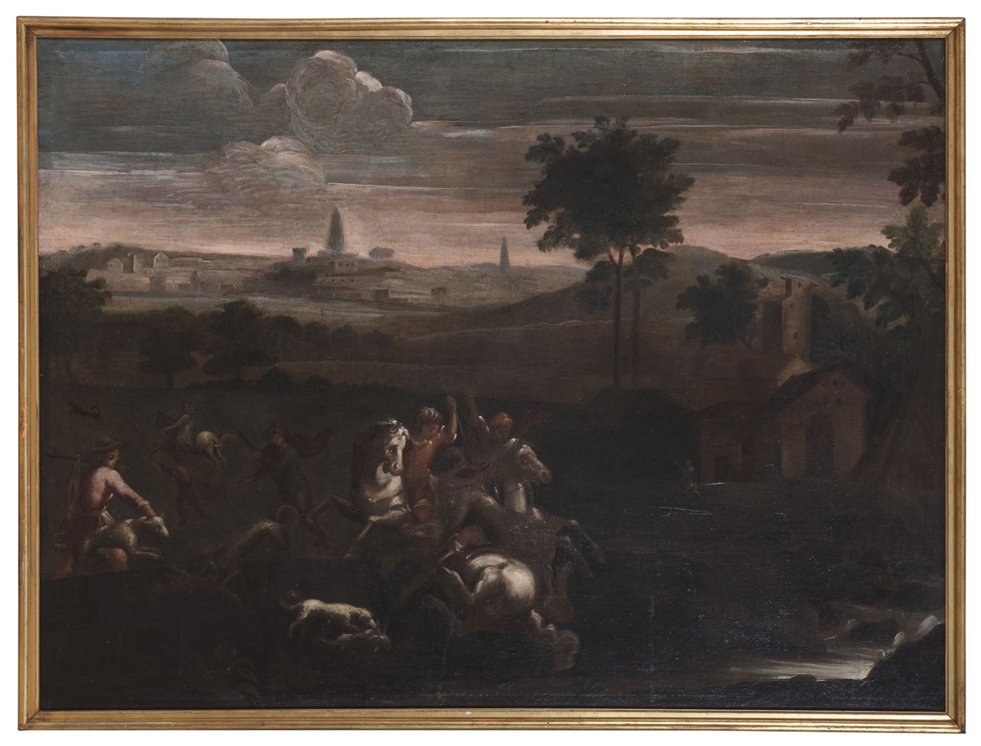 OIL PAINTING OF LANDSCAPE WITH HUNTING SCENE BY BOLOGNESE PAINTER 17TH CENTURY