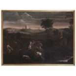 OIL PAINTING OF LANDSCAPE WITH HUNTING SCENE BY BOLOGNESE PAINTER 17TH CENTURY