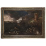 DUTCH OIL PAINTING OF A STORMY SEA. EARLY 18TH CENTURY